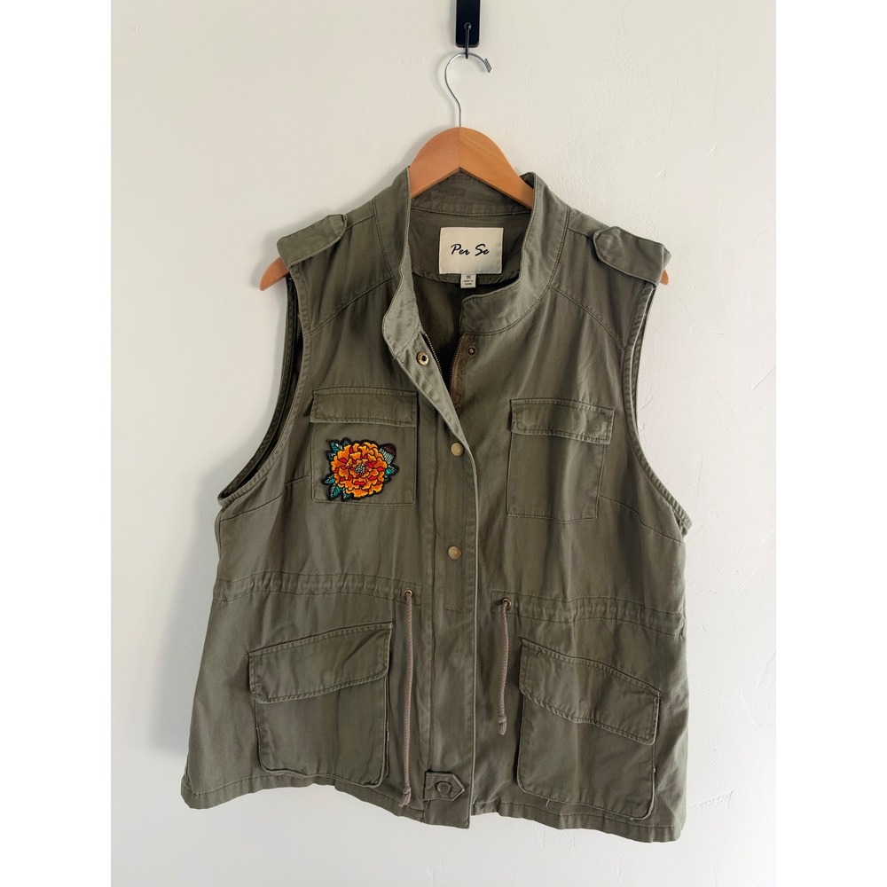 Per Se Womens Utility Vest Olive Green Floral Patch Multi Pocket Drawstring 1X